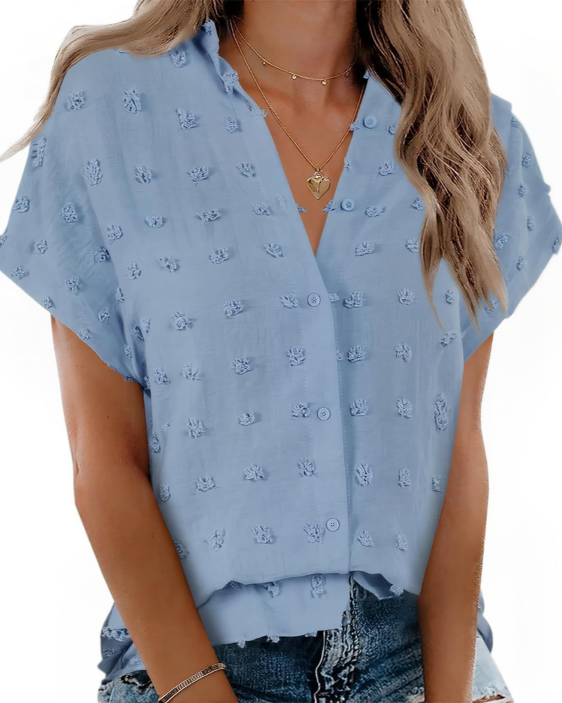 Lauren Camicia Donna – Blusa a Pois con Scollo a V, Bottoni e Maniche Corte