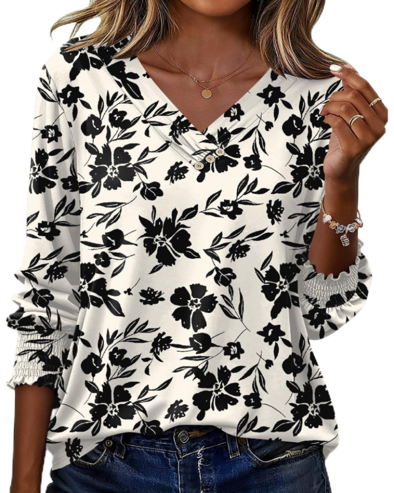 Brooke Blusa Donna – Tunica Floreale con Scollo a V, Maniche 3/4 e Bottoni Decorativi