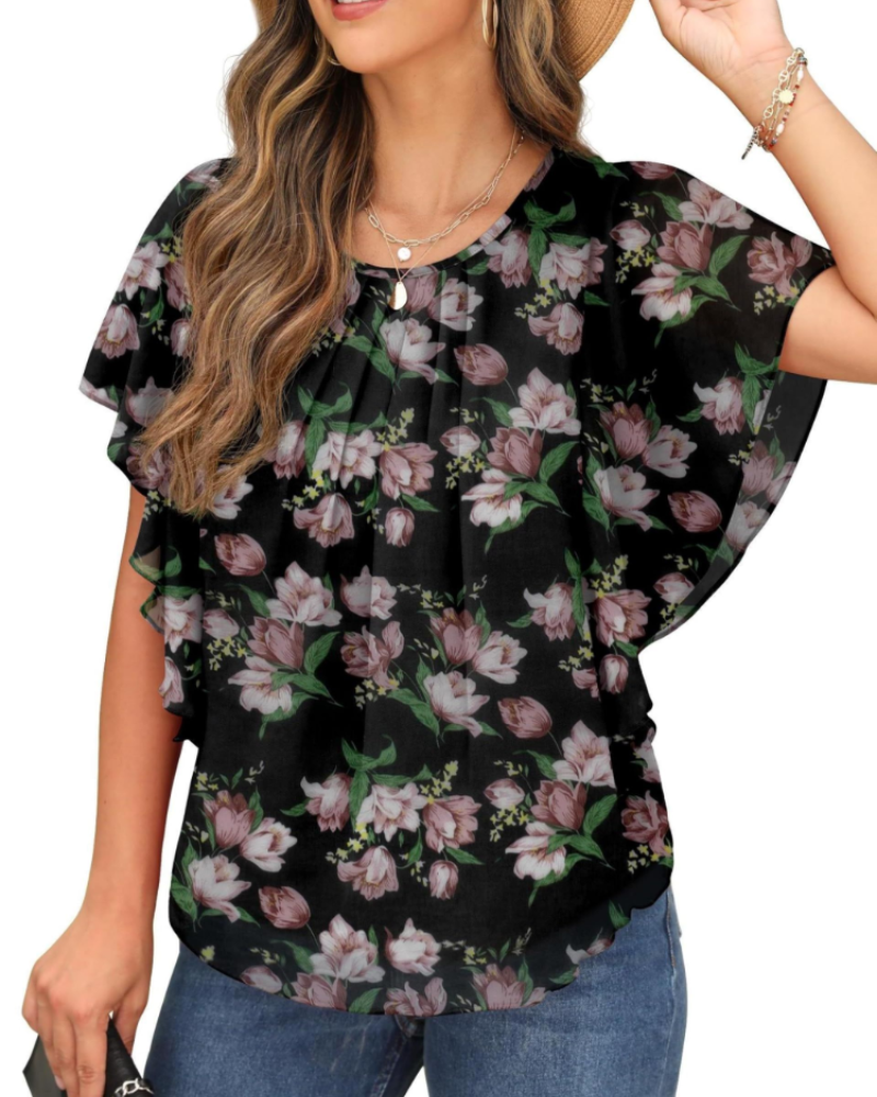 Megan Blouse Femme – Top en chiffon avec col rond et manches courtes chauve-souris