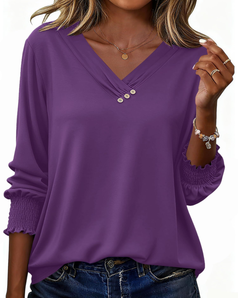 Daphne Blouse Femme – Tunique avec Col en V, Manches 3/4 et Boutons Décoratifs