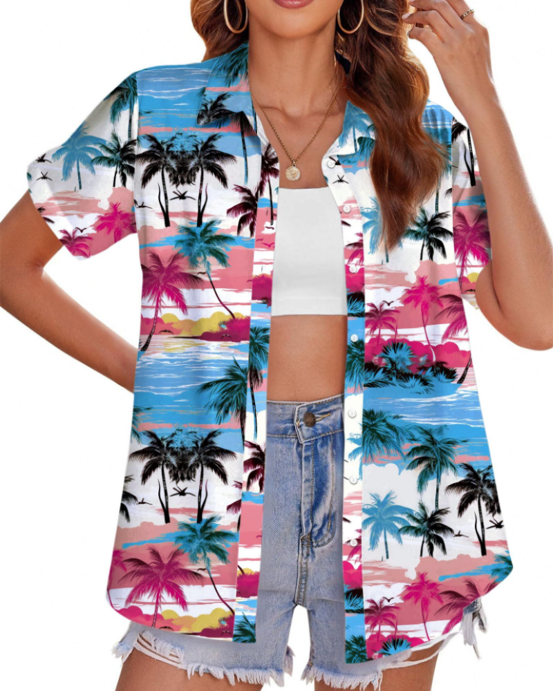 Chemise hawaïenne Jade pour femme – Blouse tropicale avec boutons et manches courtes
