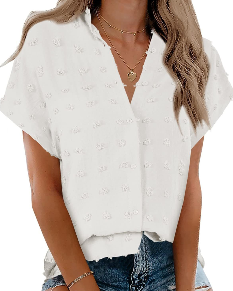 Chemisier pour femme Lauren – Blouse à pois avec col en V, boutons et manches courtes