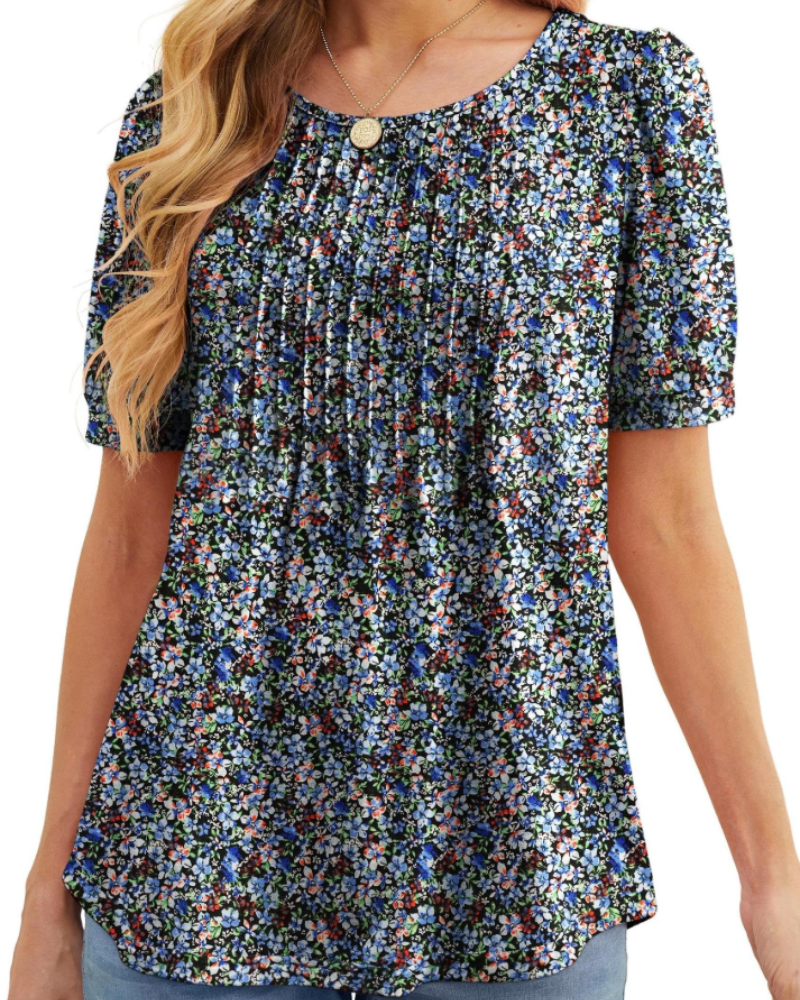 Lydia Blouse Femme – Tunique Florale avec Col Rond, Manches Courtes et Plis Frontaux