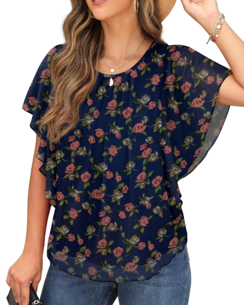 Megan Blouse Femme – Top en chiffon avec col rond et manches courtes chauve-souris