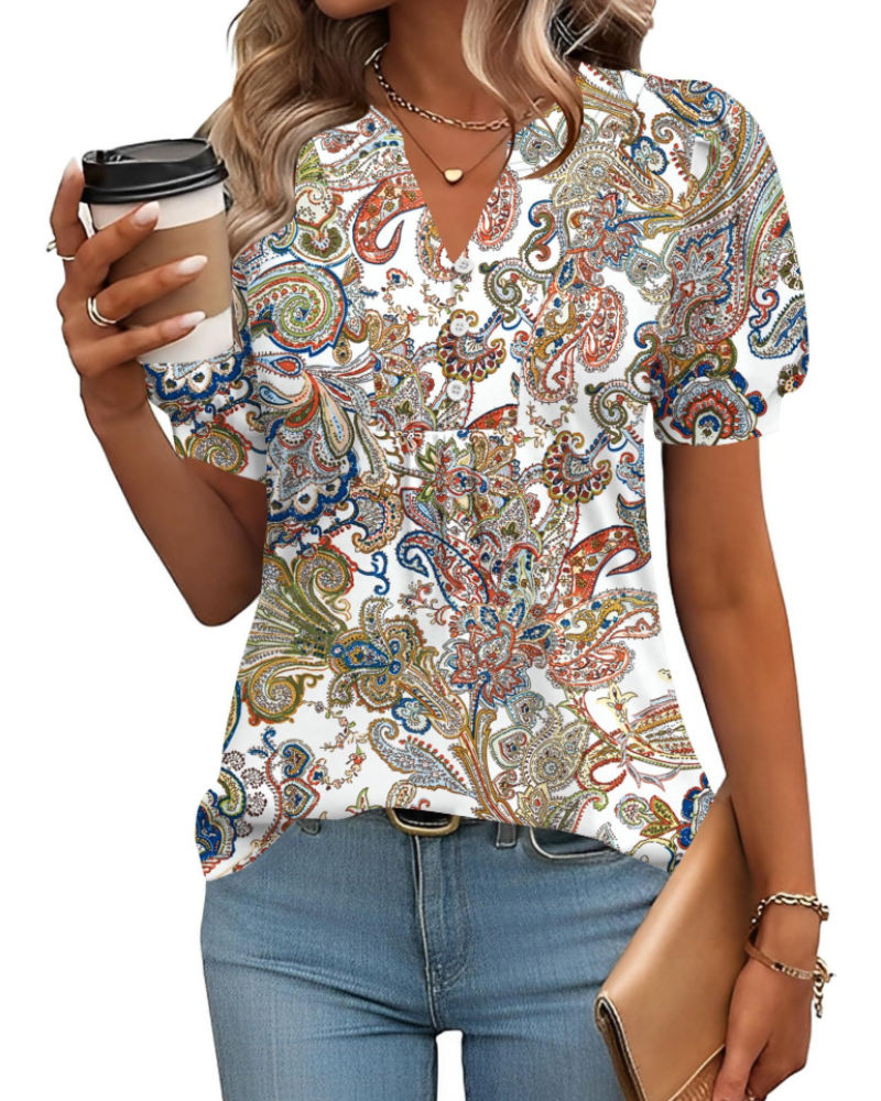 Blouse Sophie pour femme – Tunique florale avec col en V, manches bouffantes et boutons