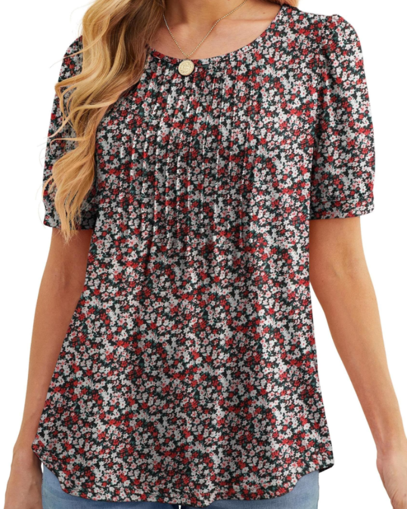 Lydia Blouse Femme – Tunique Florale avec Col Rond, Manches Courtes et Plis Frontaux