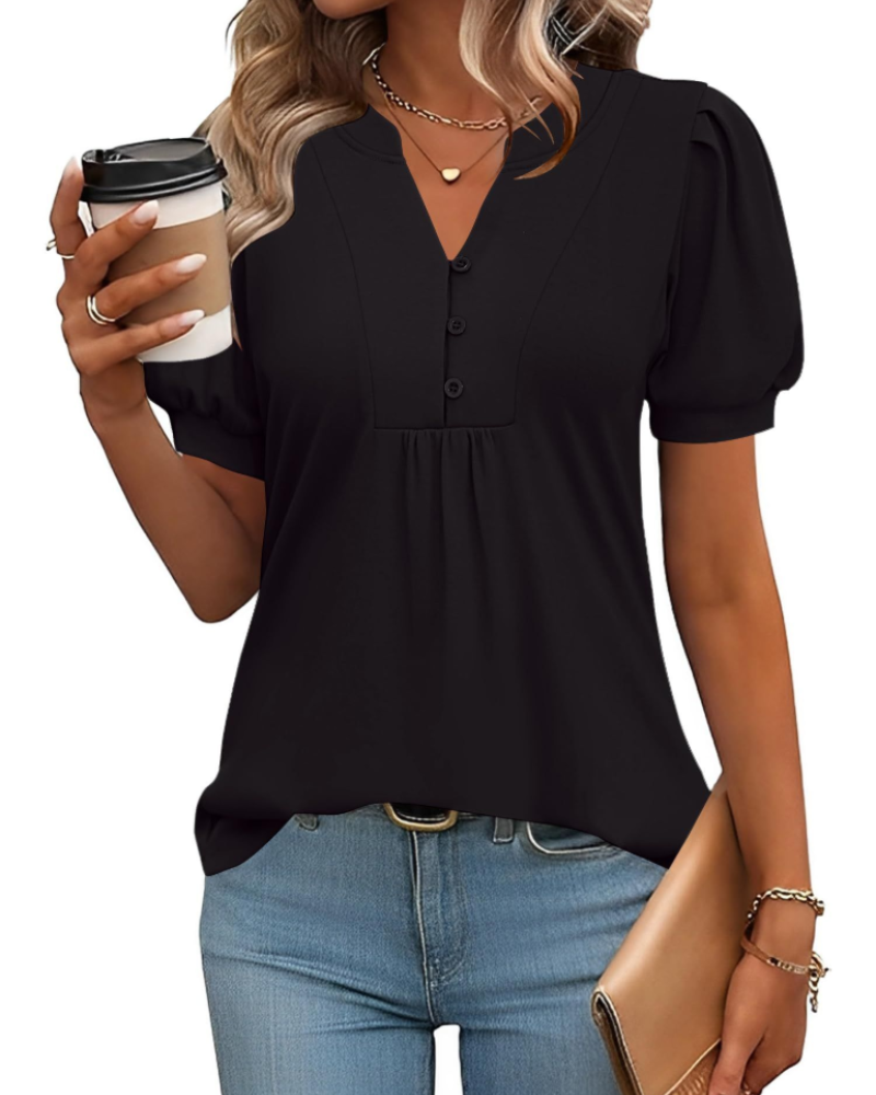 Brielle Blouse Femme – Tunique Florale avec Col en V, Manches Bouffantes et Boutons