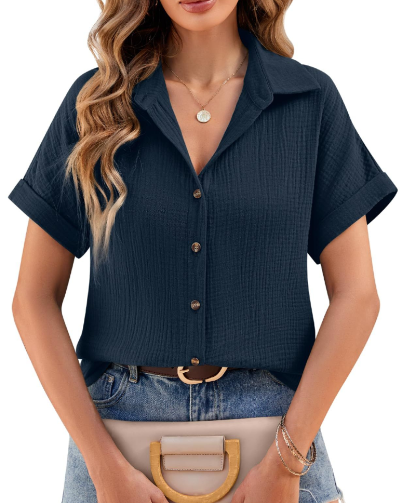 Blouse Evelyn pour femme – Chemise en mousseline de coton avec col en V et boutons