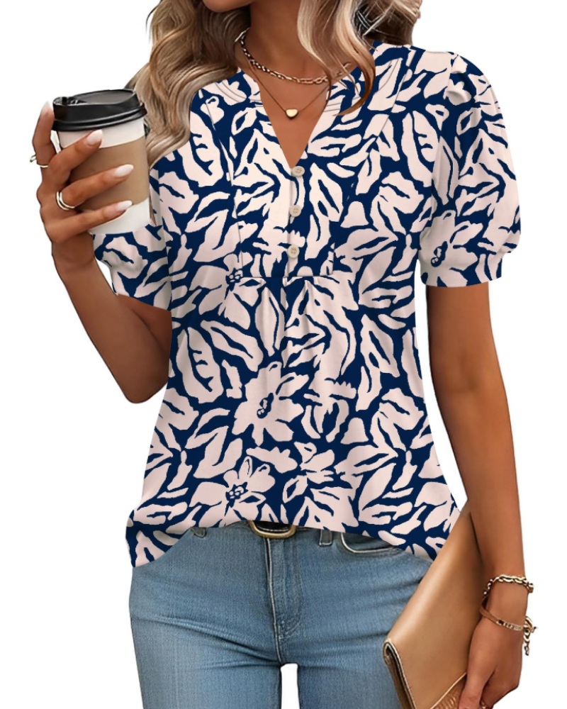 Blouse Sophie pour femme – Tunique florale avec col en V, manches bouffantes et boutons