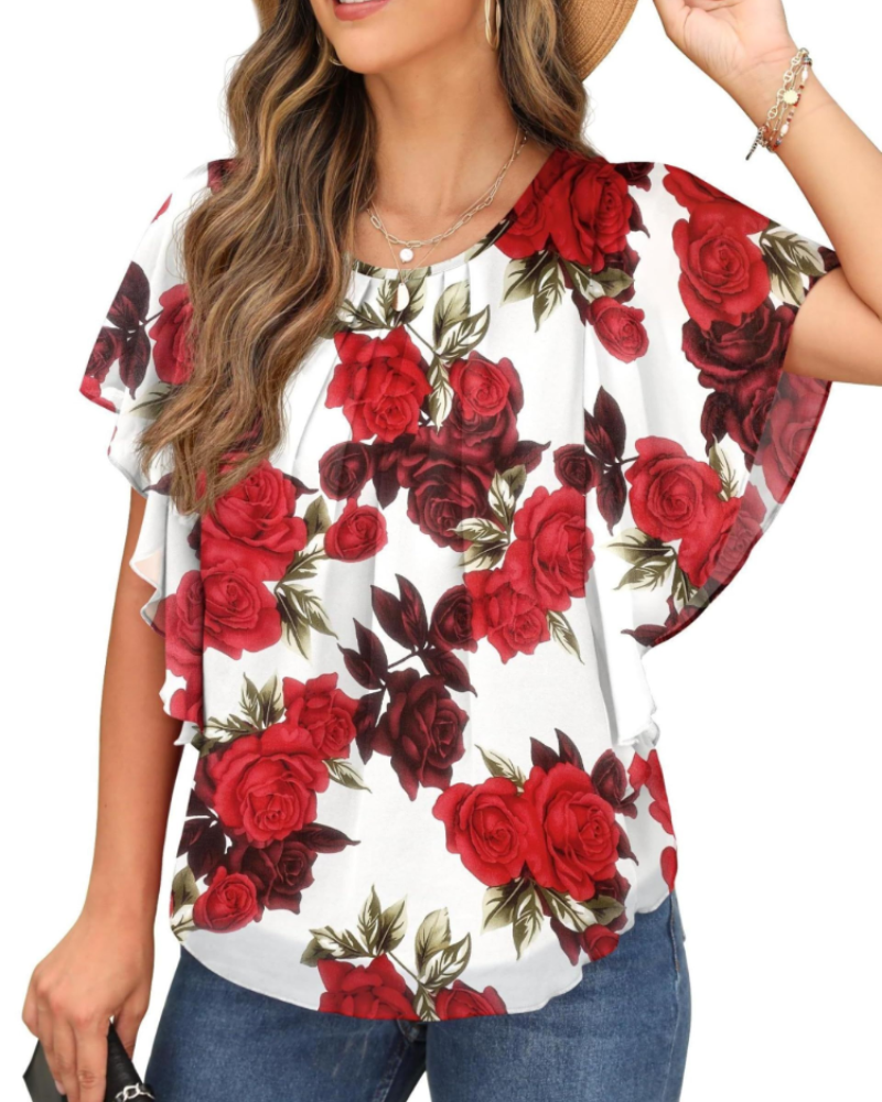 Megan Blouse Femme – Top en chiffon avec col rond et manches courtes chauve-souris