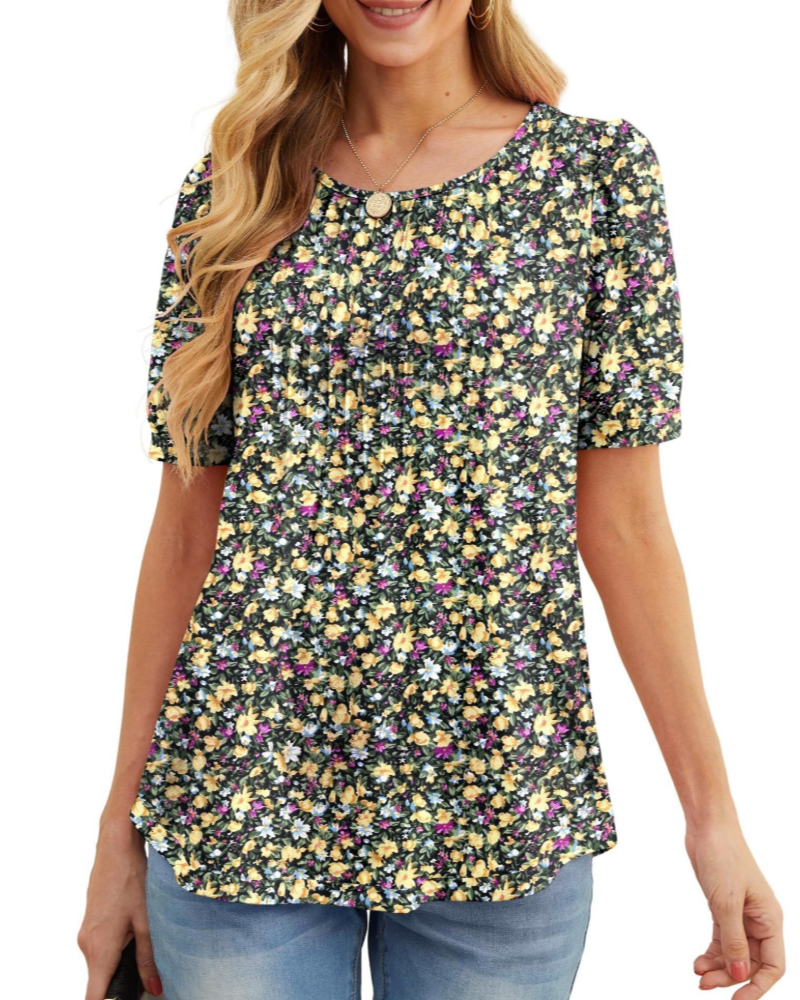 Lydia Blouse Femme – Tunique Florale avec Col Rond, Manches Courtes et Plis Frontaux