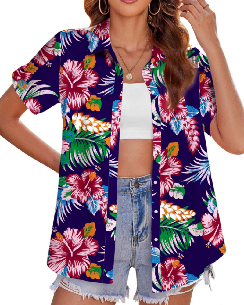 Chemise hawaïenne Jade pour femme – Blouse tropicale avec boutons et manches courtes