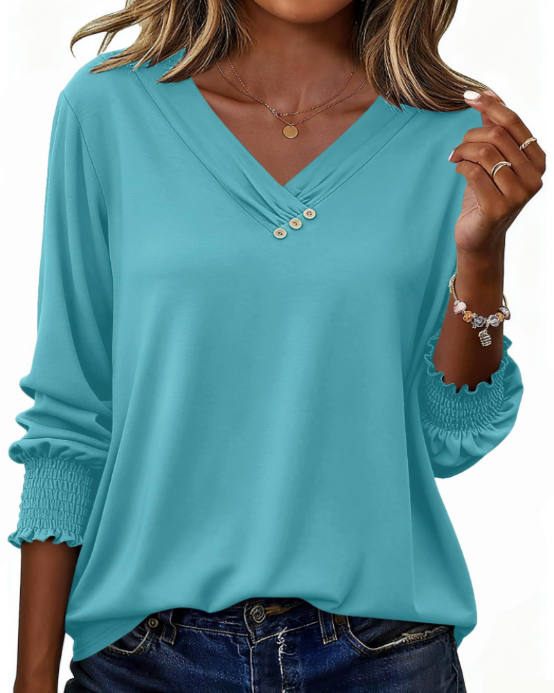Daphne Blouse Femme – Tunique avec Col en V, Manches 3/4 et Boutons Décoratifs