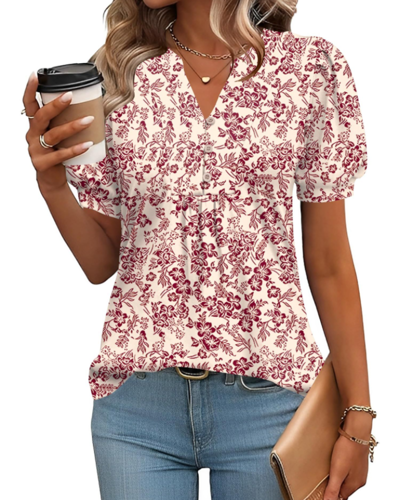 Blouse Sophie pour femme – Tunique florale avec col en V, manches bouffantes et boutons