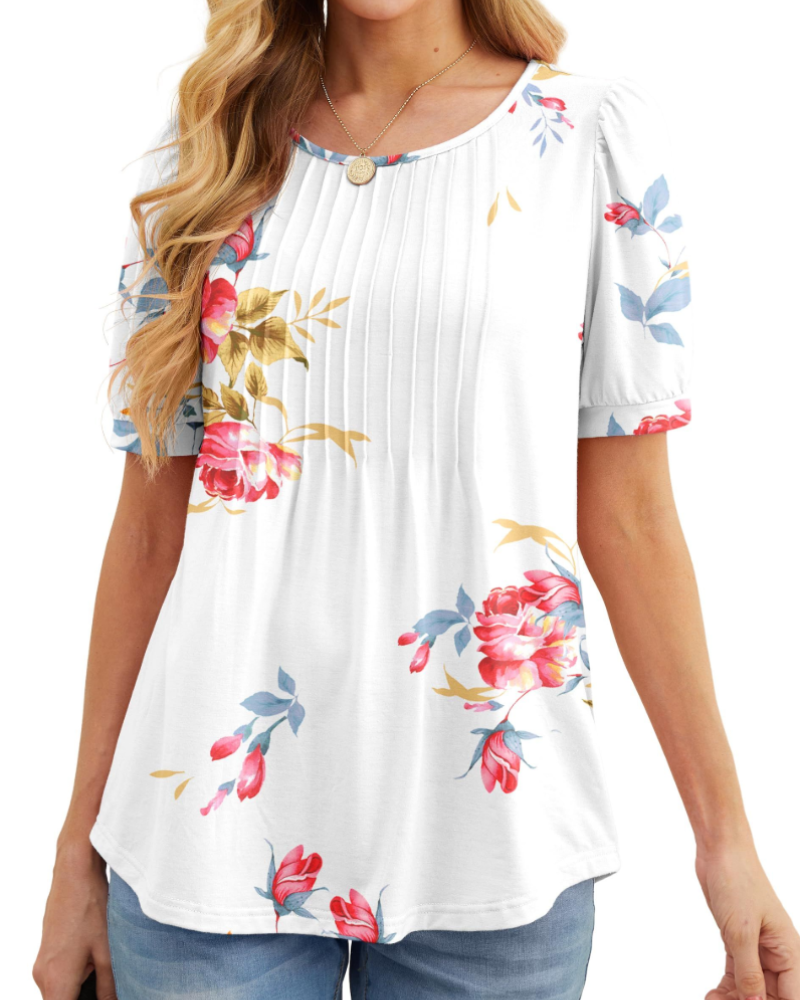 Lydia Blouse Femme – Tunique Florale avec Col Rond, Manches Courtes et Plis Frontaux