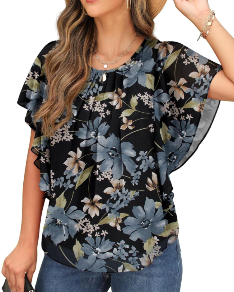 Megan Blouse Femme – Top en chiffon avec col rond et manches courtes chauve-souris