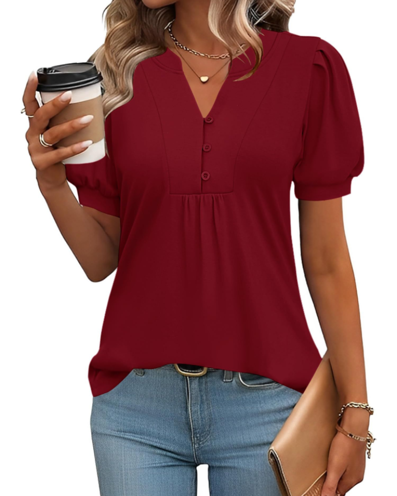 Brielle Blouse Femme – Tunique Florale avec Col en V, Manches Bouffantes et Boutons