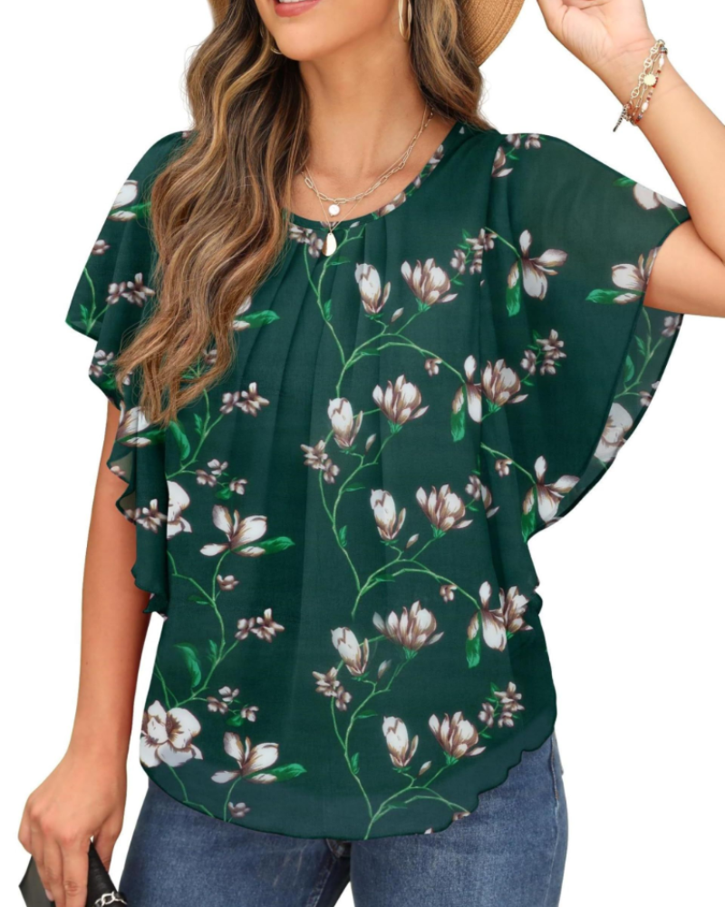Megan Blouse Femme – Top en chiffon avec col rond et manches courtes chauve-souris