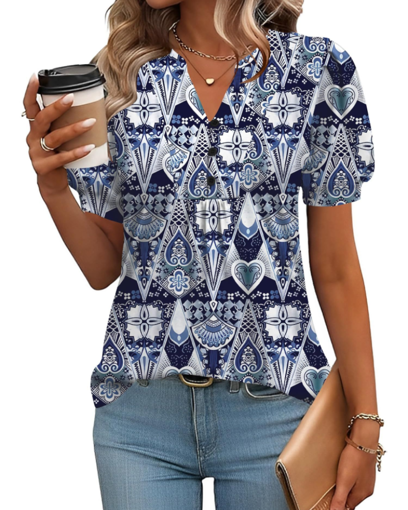 Blouse Sophie pour femme – Tunique florale avec col en V, manches bouffantes et boutons