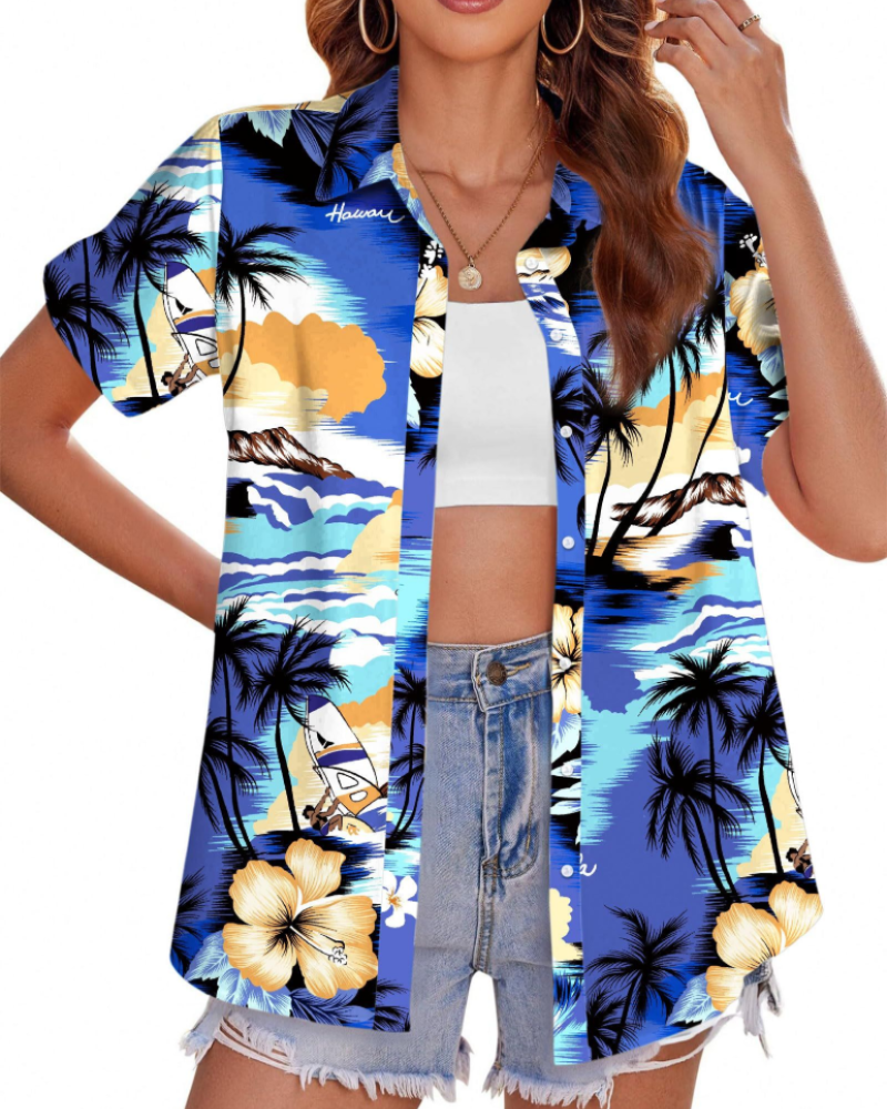 Chemise hawaïenne Jade pour femme – Blouse tropicale avec boutons et manches courtes