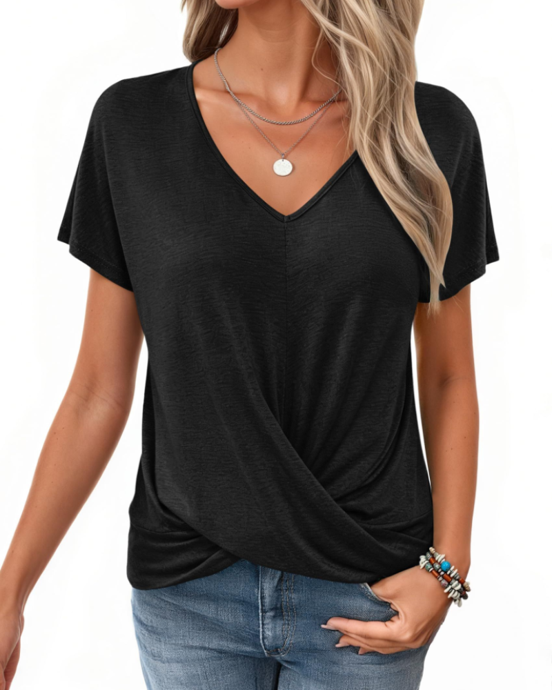 Hailey Blouse Femme – Top avec Col en V, Nœud Frontal et Manches Chauve-Souris