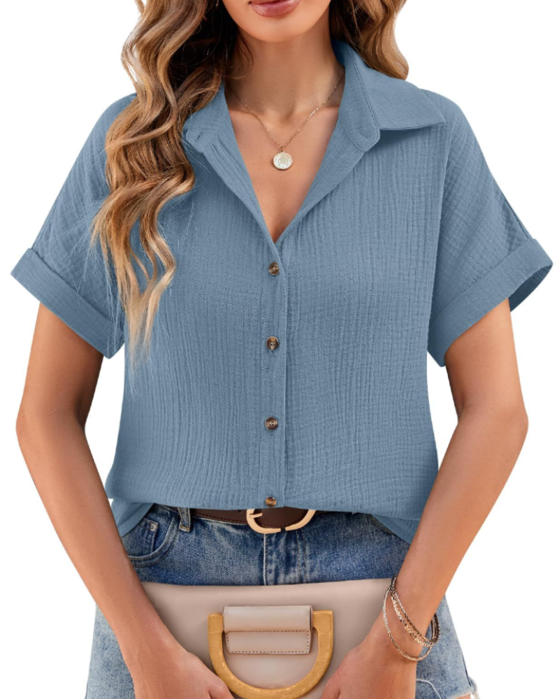 Blouse Evelyn pour femme – Chemise en mousseline de coton avec col en V et boutons