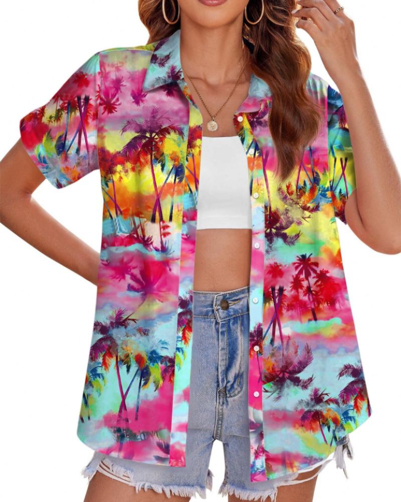 Chemise hawaïenne Jade pour femme – Blouse tropicale avec boutons et manches courtes