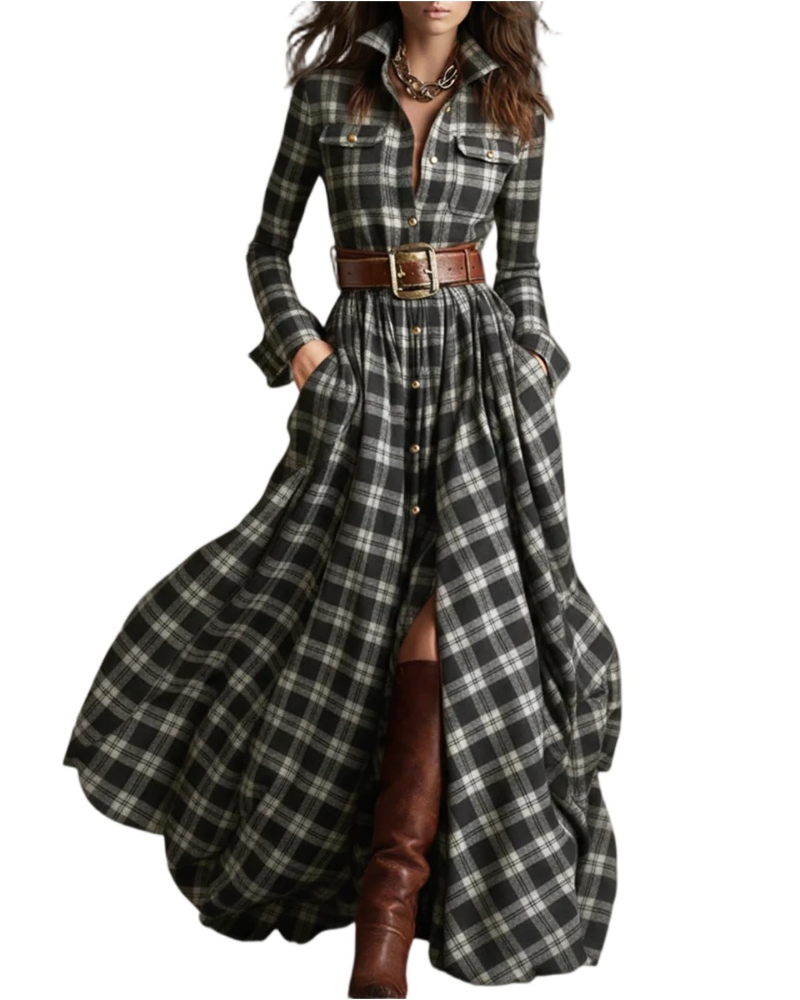 Wendy Abito Lungo Donna – Vestito a Quadri con Scollo a V, Bottoni e Maniche Lunghe