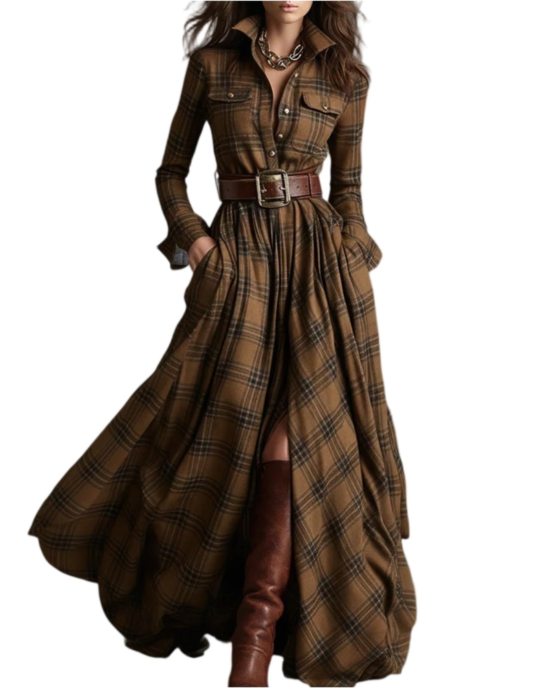 Wendy Abito Lungo Donna – Vestito a Quadri con Scollo a V, Bottoni e Maniche Lunghe