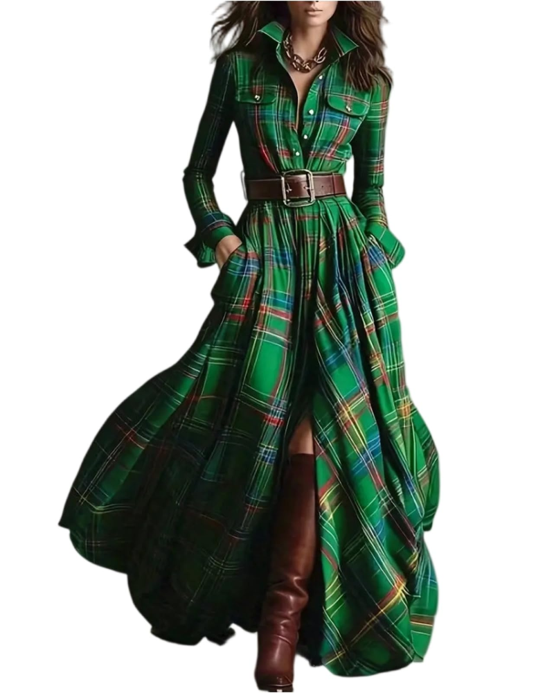 Wendy Abito Lungo Donna – Vestito a Quadri con Scollo a V, Bottoni e Maniche Lunghe