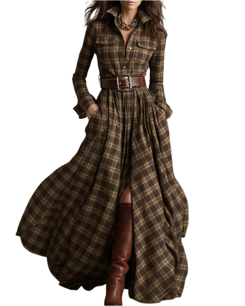Wendy Abito Lungo Donna – Vestito a Quadri con Scollo a V, Bottoni e Maniche Lunghe