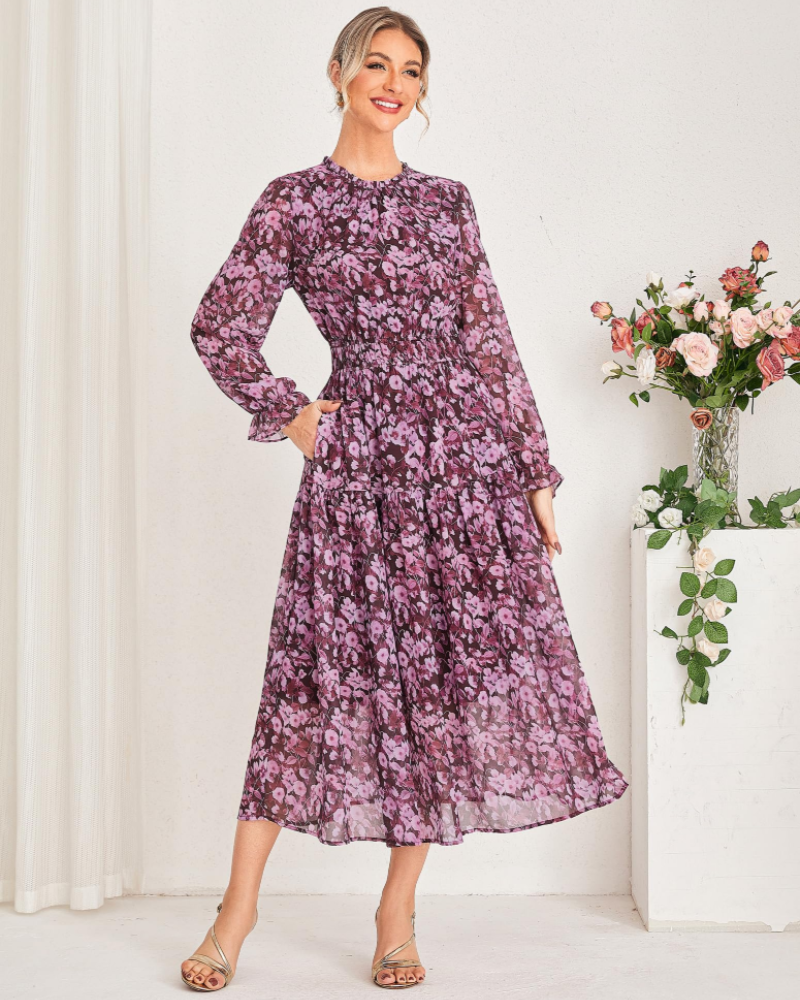 Bianca Damen Maxikleid – A-Linien Kleid aus Chiffon mit langen Ärmeln und Taschen