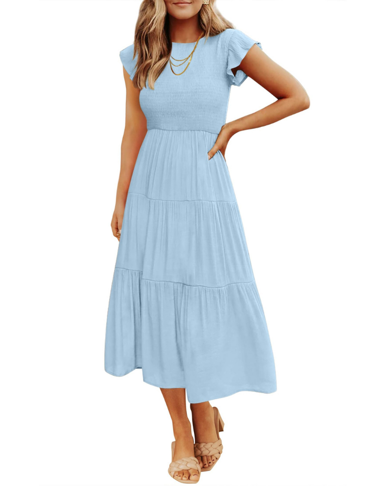 Grace Abito Mujer – Vestido Midi Cottagecore con Busto Fruncido, Mangas Volantes y Falda con Volantes