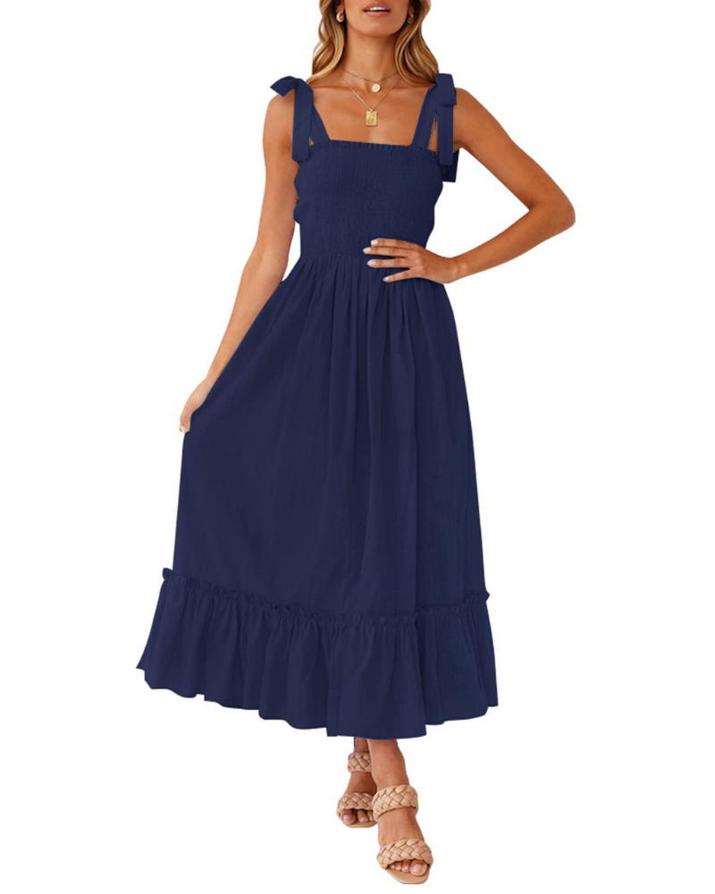 Robe Femme Amelia – Robe Bohème Florale avec Bretelles Nouées, Buste Smocké et Jupe à Volants