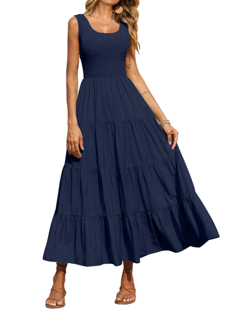 Sophie Abito Donna – Vestito Maxi Smock Senza Maniche con Vita Alta & Gonna a Balze