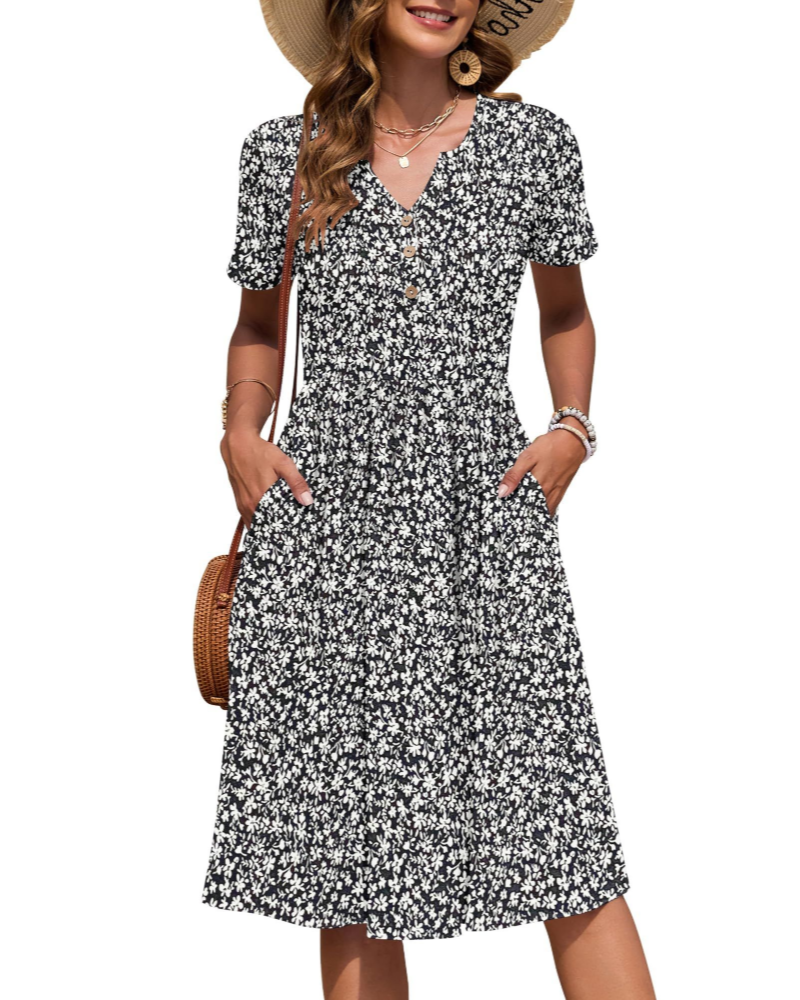 Megan Abito Midi Donna – Vestito Estivo con Scollo a V, Vita Impero e Tasche
