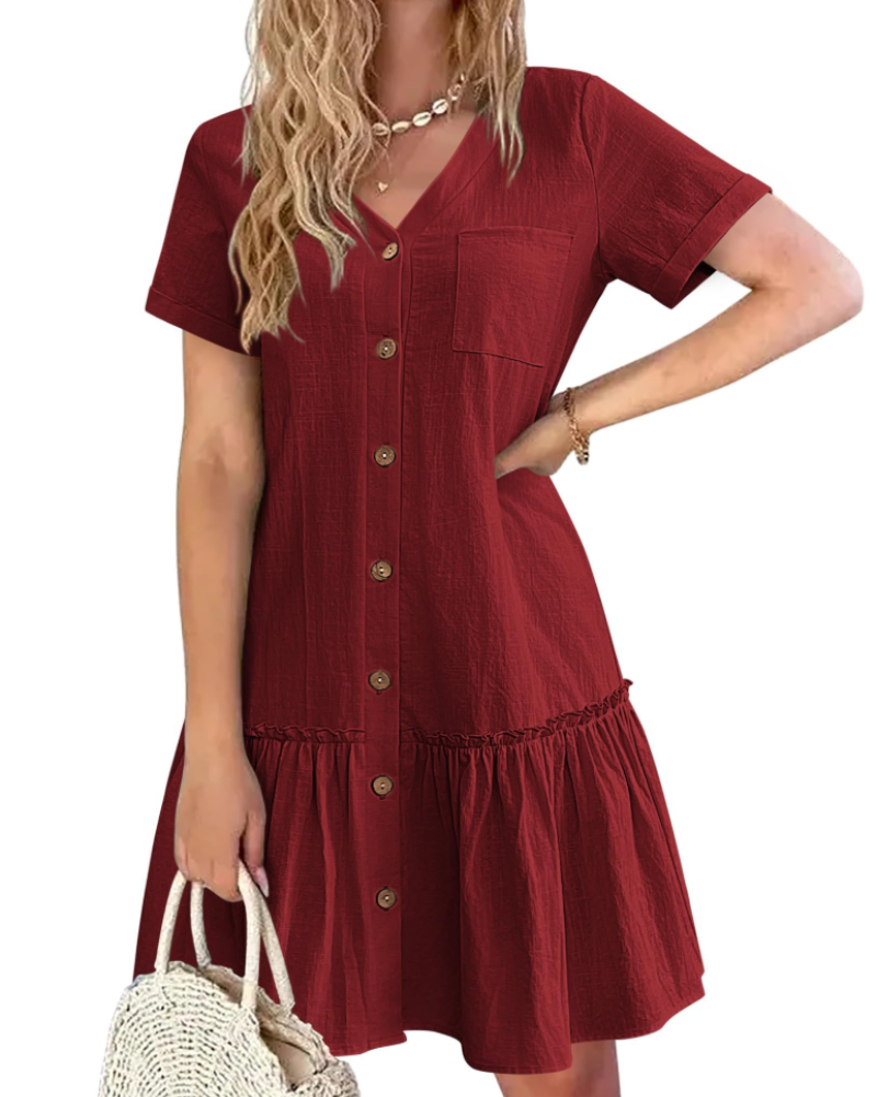 Felicity – Robe femme en coton et lin, col en V, boutons et jupe évasée