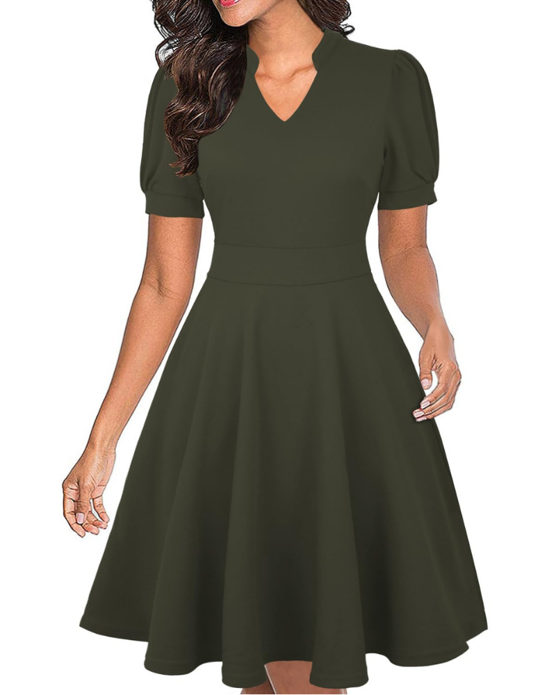 Bella Vestido Mujer – Vestido de Negocios Línea A con Escote en V, Mangas Abullonadas y Bolsillos