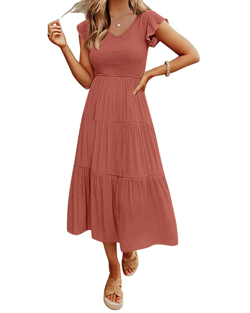 Sienna Abito Donna – Vestito Midi A-Line con Scollo a V, Maniche Flutter & Busto Smock