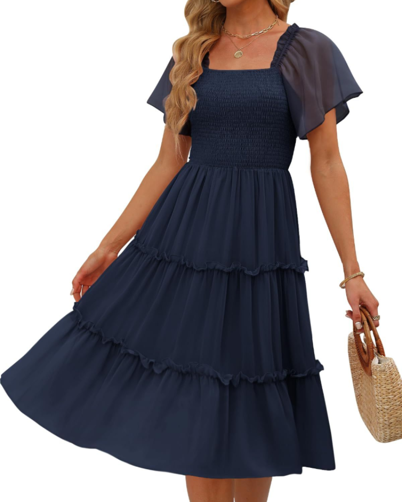 Madison Robe Femme Midi – Robe en Chiffon avec Col Carré et Volants