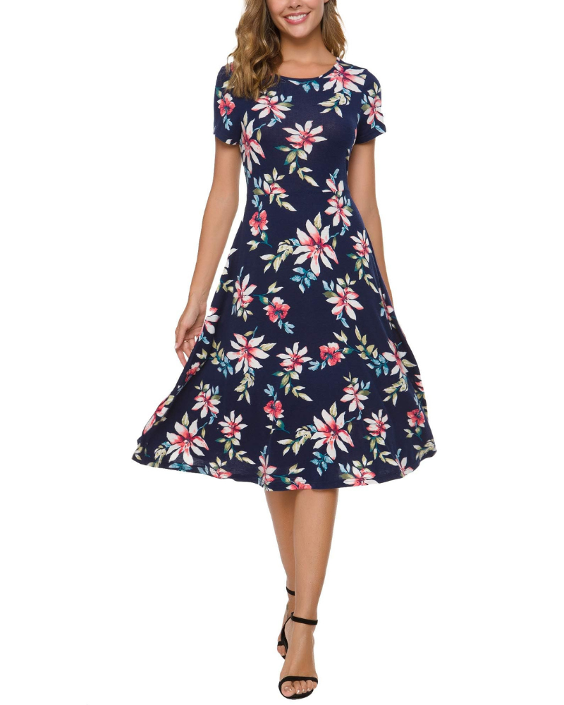 Hannah Abito Mujer – Vestido Floral a la Rodilla con Cuello Redondo, Mangas Cortas y Falda Acampanada