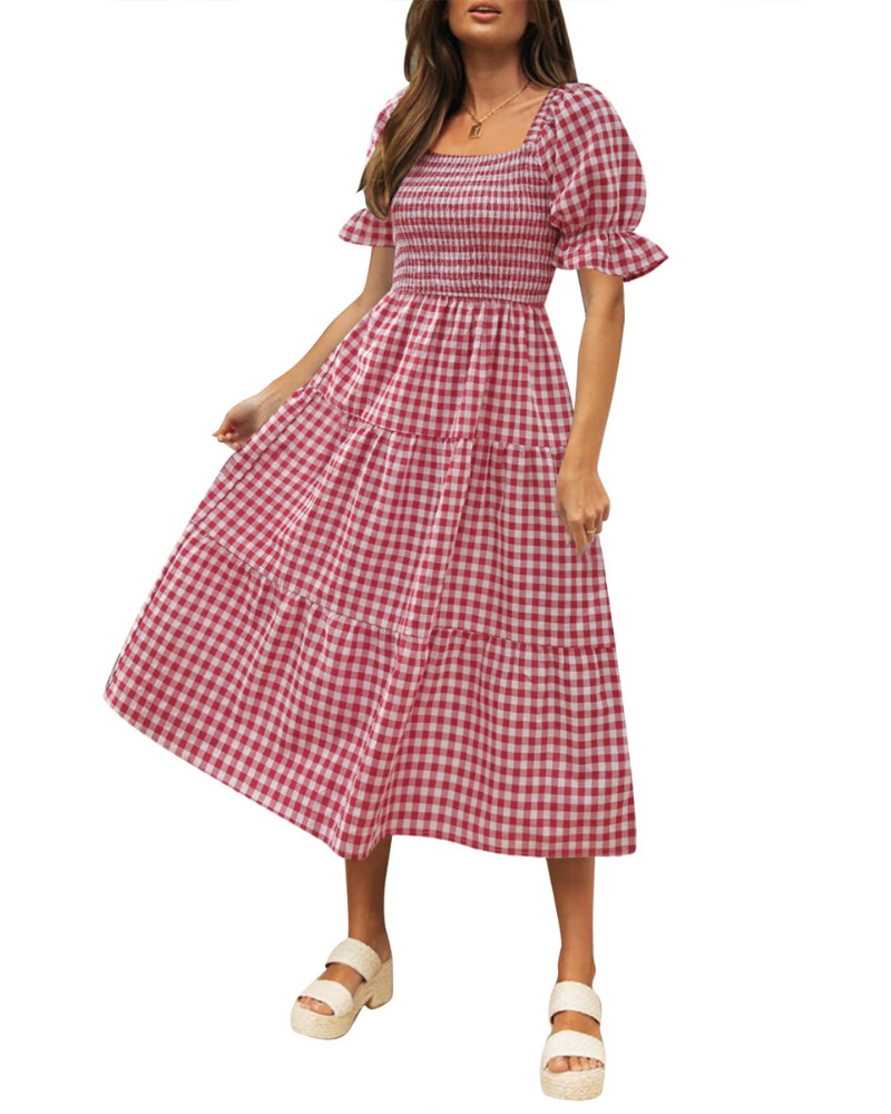 Scarlett Abito Donna – Vestito Midi con Scollo Quadrato, Maniche Puff & Gonna a Volant