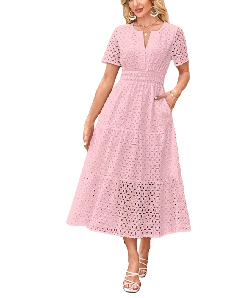 Sophia Vestito Donna Maxi – Abito Estivo in Cotone con Ricamo, Scollo V & Tasche