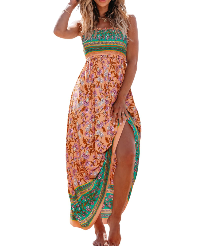 Isolde Abito Maxi Donna Floreale – Corpetto Smock, Spalline Regolabili e Volant