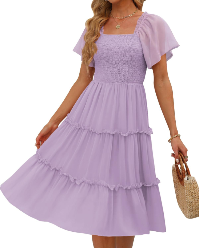 Madison Robe Femme Midi – Robe en Chiffon avec Col Carré et Volants
