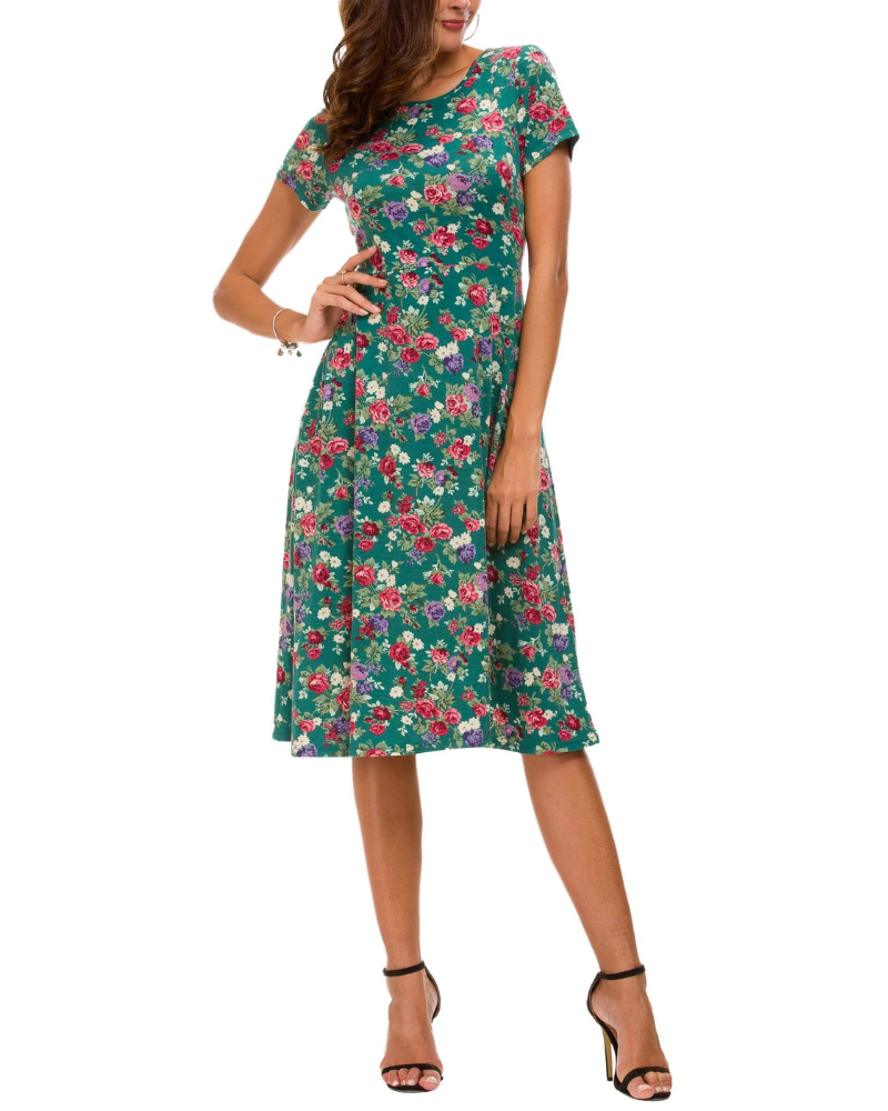 Hannah Abito Donna – Vestito Floreale al Ginocchio con Girocollo, Maniche Corte & Gonna Flare
