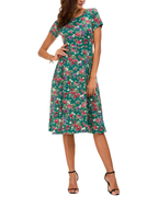 Hannah Abito Donna – Vestito Floreale al Ginocchio con Girocollo, Maniche Corte & Gonna Flare