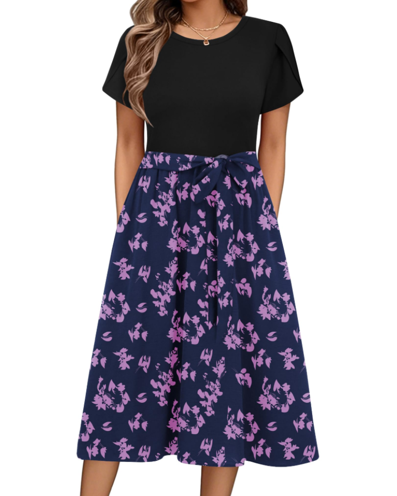 Maureen Abito midi dame med blomstermønster – ermer med kronbladdesign, justerbart belte og lommer