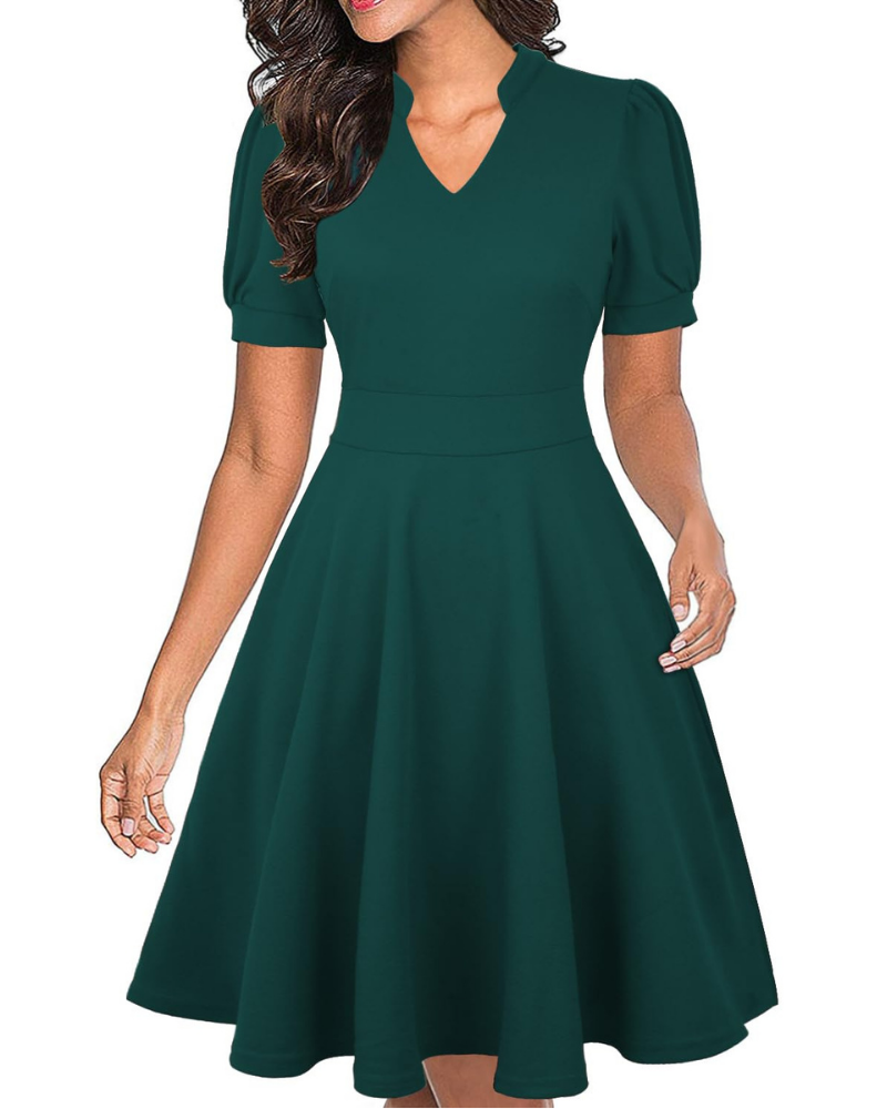 Bella Vestido Mujer – Vestido de Negocios Línea A con Escote en V, Mangas Abullonadas y Bolsillos
