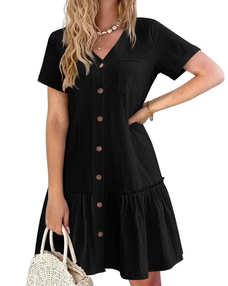 Felicity – Robe femme en coton et lin, col en V, boutons et jupe évasée